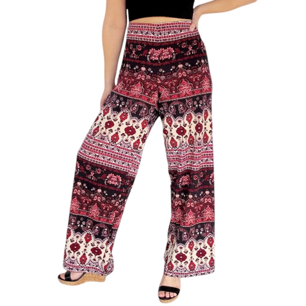 AGB maroon cream boho paisley print stretch casual wide leg pants size XL